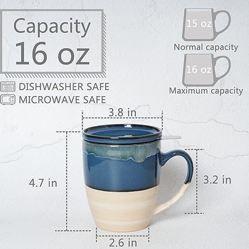 Bosmarlin Ceramic Tea Cup with Infuser and Lid, 16 Oz, Dishwasher and Microwave Safe, 5 Colors to Choose, Reactive Glaze, Steeping Tea Mug with Strainer (Deep Blue)