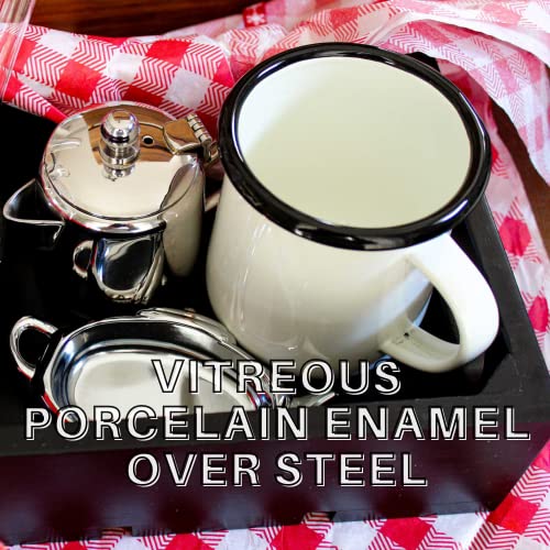 Tablecraft Enamelware Collection Black Rim Solid White Enamel Coffee Cup Mugs, Camping, RV, Farmhouse, Home & Restaurant Use Porcelain Over Steel, Classic, Vintage, Boho, Retro Style, 16 Oz, Set of 6