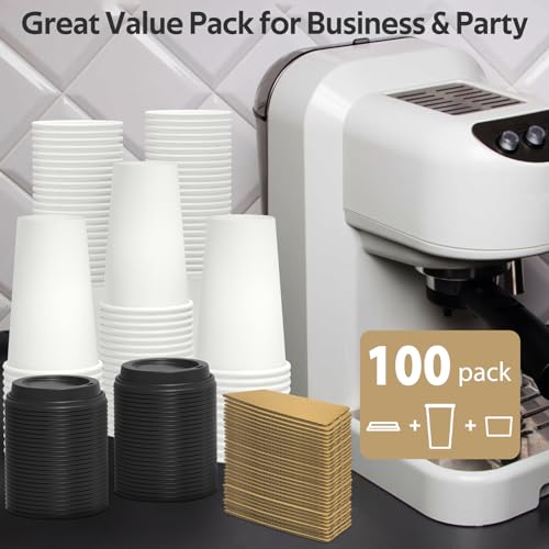Dealusy 100 Pack 16 oz Disposable Coffee Cups with Lids and Sleeves, Sturdy Thick Paper & Leak-free Insulated to Go Coffee Cups with Lids, Paper Hot Coffee Cups with Sip Lids for Hot & Cold Beverage