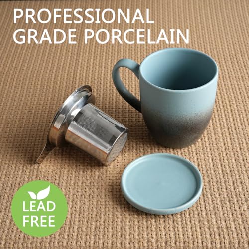 Bosmarlin Ceramic Tea Cup with Infuser and Lid, 16 Oz, 3 Colors to Choose, Microwave and Dishwasher Safe, Steeping Tea Mug with Strainer, Matte Reactive Glaze (16 Oz, Dark Blue)