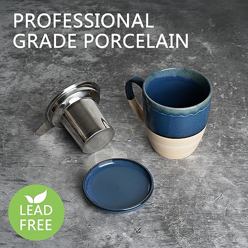 Bosmarlin Ceramic Tea Cup with Infuser and Lid, 16 Oz, Dishwasher and Microwave Safe, 5 Colors to Choose, Reactive Glaze, Steeping Tea Mug with Strainer (Deep Blue)