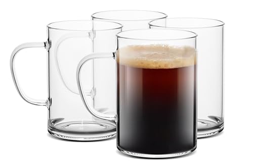 LUXU Glass Coffee Mugs 16 oz,Set of 4 Large Glass Coffee Cups Clear Tea Cups,Iced Coffee Glasses,Lead-Free Drinking Glasses for Water,Cappuccino,Latte,Cereal,Yogurt,Milk-Flat Bottomed Design