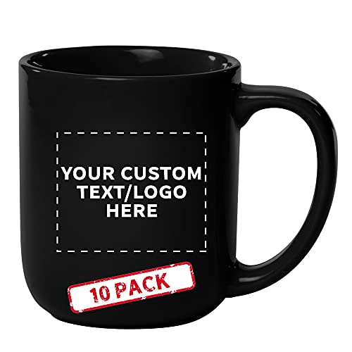 DISCOUNT PROMOS Custom Vibrant Color Glossy Ceramic Mugs 16 oz. Set of 10, Personalized Bulk Pack - Perfect for Tea, Espresso, Cappuccino, Hot Cocoa - Black