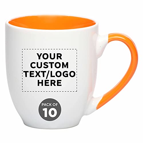 Custom Bistro Style Large Coffee Mugs 16 oz. Set of 10, Personalized Bulk Pack - Perfect for Coffee, Tea, Espresso, Hot Cocoa, Other Beverages - Orange