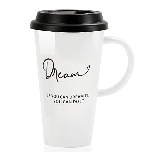 Buyajuju Travel Mug with Handle and Silicone Lid in Gift Box, Porcelain, Cup Holder Friendly, 16oz Tall Coffee Travel Mug Tumbler for Tea, Latte and Hot Chocolate On the Go, Labelled “Dream”