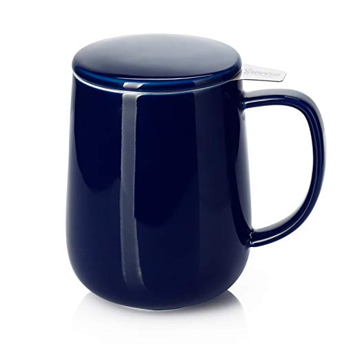 Sweese 20oz Porcelain Teacup with Infuser and Lid, Large Tea Mug for Loose Tea - Microwave and Dishwasher Safe, Insulated, Modern Design for Tea Lovers