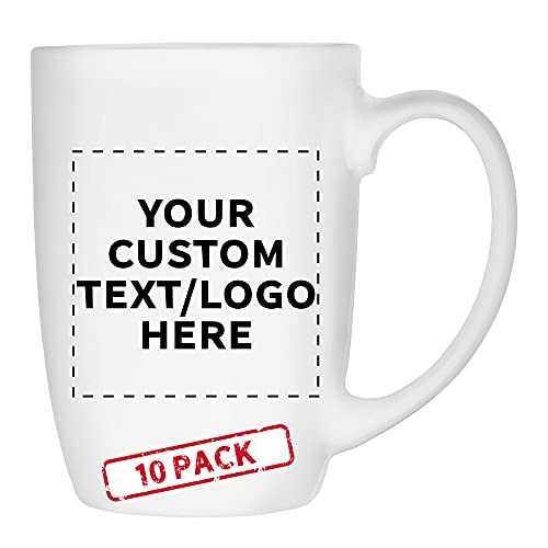 DISCOUNT PROMOS 10 Large Mocha Glossy Ceramic Coffee Mugs Set, 16 oz. - Customizable Text, Logo - Stoneware, Smooth, Durable, C-handle - White
