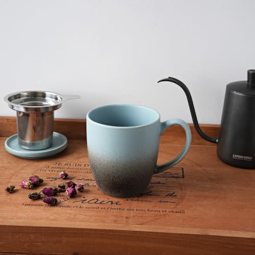 Bosmarlin Ceramic Tea Cup with Infuser and Lid, 16 Oz, 3 Colors to Choose, Microwave and Dishwasher Safe, Steeping Tea Mug with Strainer, Matte Reactive Glaze (16 Oz, Dark Blue)