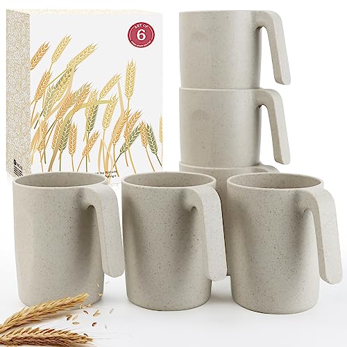 Wrova 16oz Wheat Straw Cups with handles set of 6-Plastic Cups Reusable-Unbreakable Kids Mugs-Dishwasher Safe & Microwave Safe-Ideal Plastic Mugs for Tea,Coffee,Camping,RV-Beige
