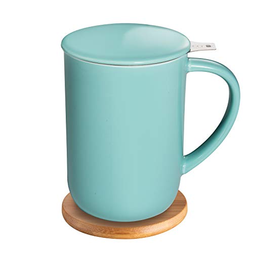 CEEFU Porcelain Tea Mug with Infuser and Lid, Teaware with Filter and Coaster, Loose Leaf Tea Cup Steeper Maker, 16 OZ for Tea/Coffee/Milk/Women/Office/Home/Gift (Turquoise)