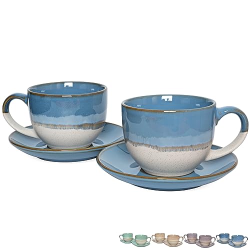 Bosmarlin Ceramic Cappuccino Cup and Saucer Set of 2, 10 Oz, Coffee Cups for Latte, Espresso, Tea, Dishwasher and Microwave Safe (Blue)