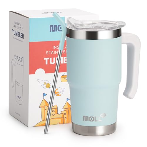 Mollcity Travel Coffee Mug with Handle 16 oz Stainless Steel Double Wall Vacuum Insulated Tumbler Cup with Lid and Straw (Baby Blue)