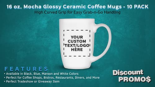 DISCOUNT PROMOS 10 Large Mocha Glossy Ceramic Coffee Mugs Set, 16 oz. - Customizable Text, Logo - Stoneware, Smooth, Durable, C-handle - White