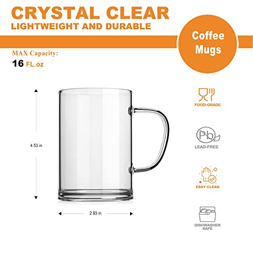 LUXU Glass Coffee Mugs 16 oz,Set of 4 Large Glass Coffee Cups Clear Tea Cups,Iced Coffee Glasses,Lead-Free Drinking Glasses for Water,Cappuccino,Latte,Cereal,Yogurt,Milk-Flat Bottomed Design