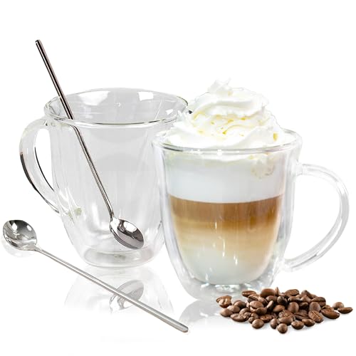 AYL Double Wall Glass Coffee Mugs - 16 oz Insulated Clear Coffee Mugs Set of 2, Perfect for Espresso, Cappuccino, Latte, Tea - Elegant Glass Coffee Cups Set