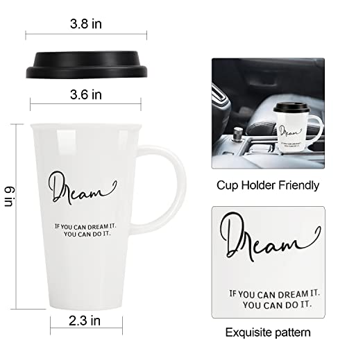 Buyajuju Travel Mug with Handle and Silicone Lid in Gift Box, Porcelain, Cup Holder Friendly, 16oz Tall Coffee Travel Mug Tumbler for Tea, Latte and Hot Chocolate On the Go, Labelled “Dream”