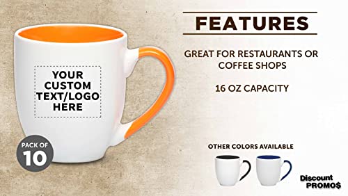 Custom Bistro Style Large Coffee Mugs 16 oz. Set of 10, Personalized Bulk Pack - Perfect for Coffee, Tea, Espresso, Hot Cocoa, Other Beverages - Orange