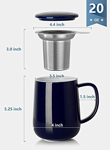 Sweese 20oz Porcelain Teacup with Infuser and Lid, Large Tea Mug for Loose Tea - Microwave and Dishwasher Safe, Insulated, Modern Design for Tea Lovers