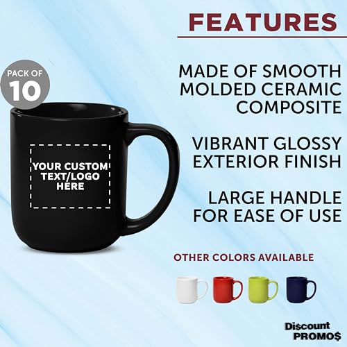 DISCOUNT PROMOS Custom Vibrant Color Glossy Ceramic Mugs 16 oz. Set of 10, Personalized Bulk Pack - Perfect for Tea, Espresso, Cappuccino, Hot Cocoa - Black