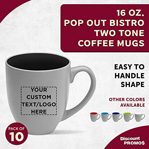 Custom Pop Out Bistro Two Tone Coffee Mugs 16 oz. Set of 10, Personalized Bulk Pack - Perfect for Coffee, Hot Cocoa and other Beverages - Black