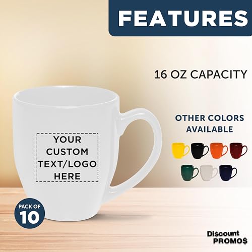 Custom Large Coffee Cups 16 oz. Set of 10, Personalized Bulk Pack - Perfect for Tea, Espresso, Cappuccino, Hot Cocoa - White