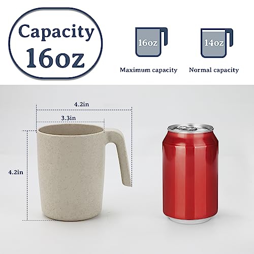 Wrova 16oz Wheat Straw Cups with handles set of 6-Plastic Cups Reusable-Unbreakable Kids Mugs-Dishwasher Safe & Microwave Safe-Ideal Plastic Mugs for Tea,Coffee,Camping,RV-Beige