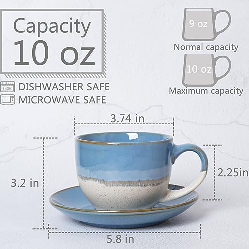 Bosmarlin Ceramic Cappuccino Cup and Saucer Set of 2, 10 Oz, Coffee Cups for Latte, Espresso, Tea, Dishwasher and Microwave Safe (Blue)