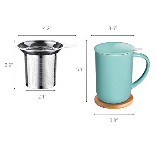 CEEFU Porcelain Tea Mug with Infuser and Lid, Teaware with Filter and Coaster, Loose Leaf Tea Cup Steeper Maker, 16 OZ for Tea/Coffee/Milk/Women/Office/Home/Gift (Turquoise)