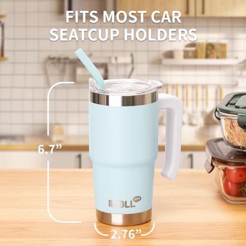 Mollcity Travel Coffee Mug with Handle 16 oz Stainless Steel Double Wall Vacuum Insulated Tumbler Cup with Lid and Straw (Baby Blue)