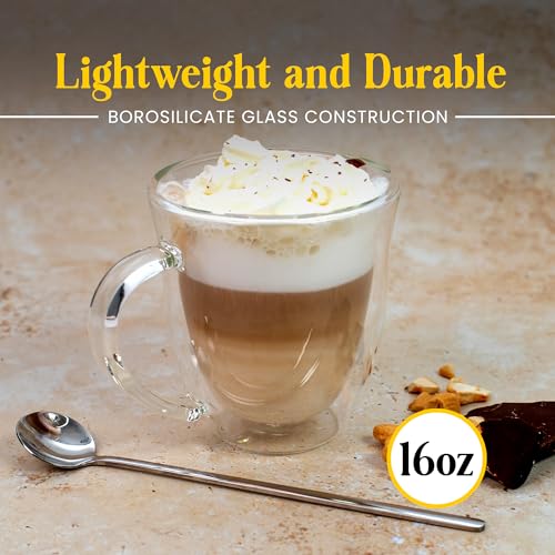 AYL Double Wall Glass Coffee Mugs - 16 oz Insulated Clear Coffee Mugs Set of 2, Perfect for Espresso, Cappuccino, Latte, Tea - Elegant Glass Coffee Cups Set