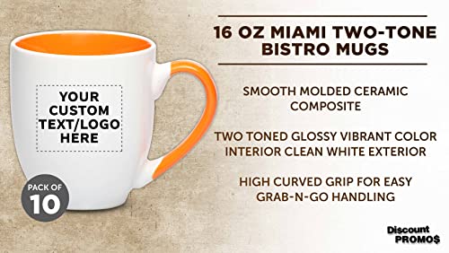 Custom Bistro Style Large Coffee Mugs 16 oz. Set of 10, Personalized Bulk Pack - Perfect for Coffee, Tea, Espresso, Hot Cocoa, Other Beverages - Orange