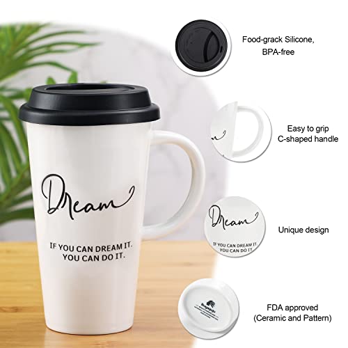 Buyajuju Travel Mug with Handle and Silicone Lid in Gift Box, Porcelain, Cup Holder Friendly, 16oz Tall Coffee Travel Mug Tumbler for Tea, Latte and Hot Chocolate On the Go, Labelled “Dream”