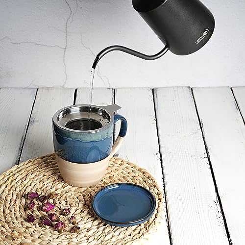 Bosmarlin Ceramic Tea Cup with Infuser and Lid, 16 Oz, Dishwasher and Microwave Safe, 5 Colors to Choose, Reactive Glaze, Steeping Tea Mug with Strainer (Deep Blue)