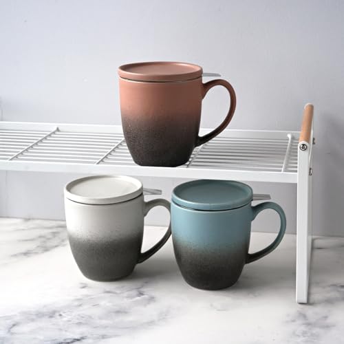 Bosmarlin Ceramic Tea Cup with Infuser and Lid, 16 Oz, 3 Colors to Choose, Microwave and Dishwasher Safe, Steeping Tea Mug with Strainer, Matte Reactive Glaze (16 Oz, Dark Blue)
