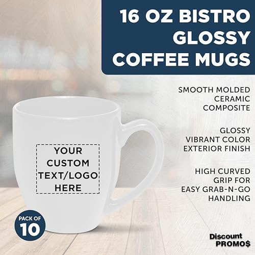 Custom Large Coffee Cups 16 oz. Set of 10, Personalized Bulk Pack - Perfect for Tea, Espresso, Cappuccino, Hot Cocoa - White