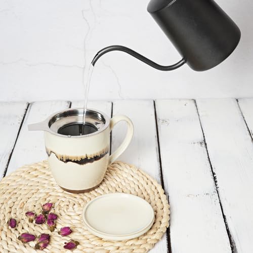 Bosmarlin Ceramic Tea Cup with Infuser and Lid, 16 Oz, Loose Leaf Tea Steeper Mug with Strainer, Microwave and Dishwasher Safe, Reactive Glaze (16 Oz, Beige)