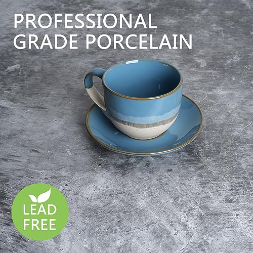 Bosmarlin Ceramic Cappuccino Cup and Saucer Set of 2, 10 Oz, Coffee Cups for Latte, Espresso, Tea, Dishwasher and Microwave Safe (Blue)