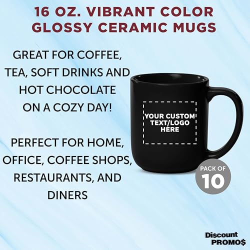 DISCOUNT PROMOS Custom Vibrant Color Glossy Ceramic Mugs 16 oz. Set of 10, Personalized Bulk Pack - Perfect for Tea, Espresso, Cappuccino, Hot Cocoa - Black