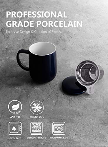 Sweese 20oz Porcelain Teacup with Infuser and Lid, Large Tea Mug for Loose Tea - Microwave and Dishwasher Safe, Insulated, Modern Design for Tea Lovers