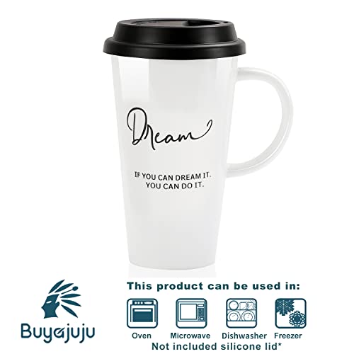 Buyajuju Travel Mug with Handle and Silicone Lid in Gift Box, Porcelain, Cup Holder Friendly, 16oz Tall Coffee Travel Mug Tumbler for Tea, Latte and Hot Chocolate On the Go, Labelled “Dream”