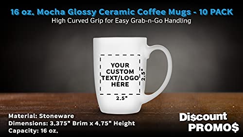DISCOUNT PROMOS 10 Large Mocha Glossy Ceramic Coffee Mugs Set, 16 oz. - Customizable Text, Logo - Stoneware, Smooth, Durable, C-handle - White