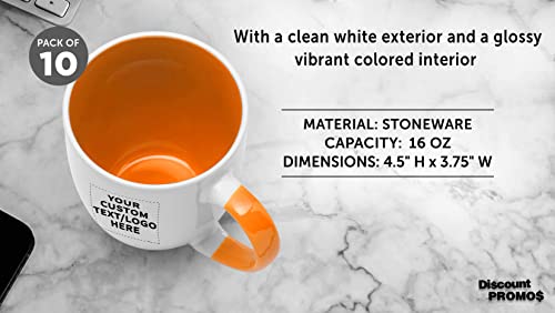 Custom Bistro Style Large Coffee Mugs 16 oz. Set of 10, Personalized Bulk Pack - Perfect for Coffee, Tea, Espresso, Hot Cocoa, Other Beverages - Orange