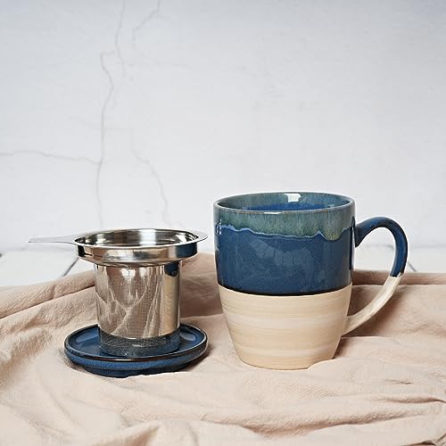 Bosmarlin Ceramic Tea Cup with Infuser and Lid, 16 Oz, Dishwasher and Microwave Safe, 5 Colors to Choose, Reactive Glaze, Steeping Tea Mug with Strainer (Deep Blue)