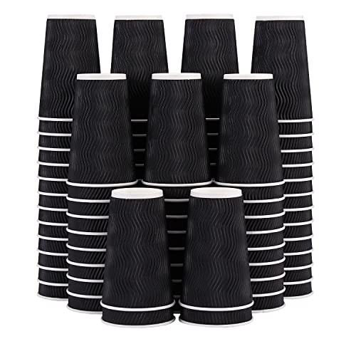 Lamosi 16 oz Coffee Cups - 90 Pack, Disposable Insulated Corrugated Paper Cups 16oz, Kraft Ripple Wall Cups for Hot Beverage or Cold Drinks (Black)