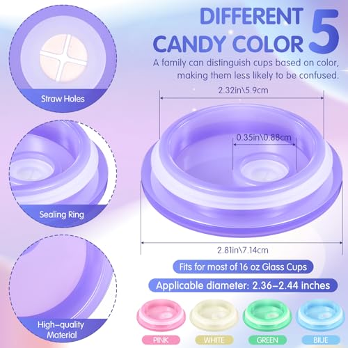 Honeydak 10 Pack Acrylic Glass Cups Lids 16 oz Mason Jars Lids with Straw Hole and Silicone Ring Reusable Replace Bamboo Lids Iced Coffee Cup Beer Can for Smoothie Boba Soda Tea Gift, Candy Color