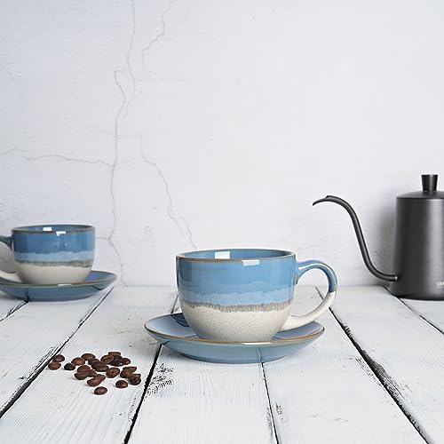 Bosmarlin Ceramic Cappuccino Cup and Saucer Set of 2, 10 Oz, Coffee Cups for Latte, Espresso, Tea, Dishwasher and Microwave Safe (Blue)
