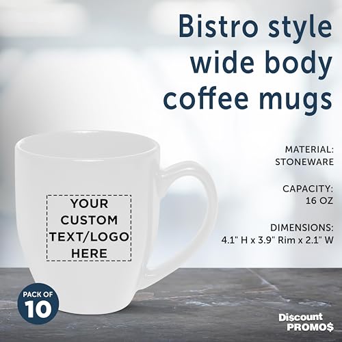 Custom Large Coffee Cups 16 oz. Set of 10, Personalized Bulk Pack - Perfect for Tea, Espresso, Cappuccino, Hot Cocoa - White