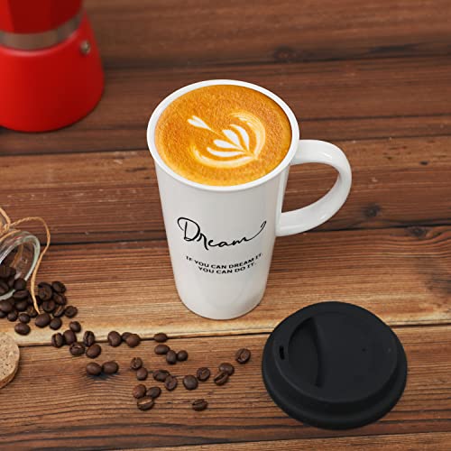 Buyajuju Travel Mug with Handle and Silicone Lid in Gift Box, Porcelain, Cup Holder Friendly, 16oz Tall Coffee Travel Mug Tumbler for Tea, Latte and Hot Chocolate On the Go, Labelled “Dream”