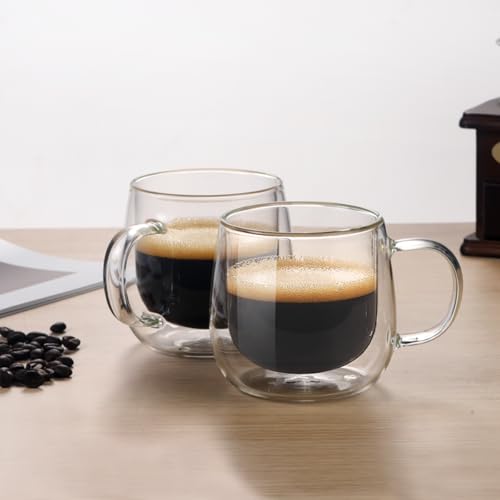 BNUNWISH Double Wall Glass Coffee Mugs 16oz Set of 2 Insulated Clear Tea Cups with Handle, Perfect for Espresso, Latte and Cappuccinos