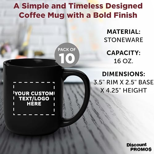 DISCOUNT PROMOS Custom Vibrant Color Glossy Ceramic Mugs 16 oz. Set of 10, Personalized Bulk Pack - Perfect for Tea, Espresso, Cappuccino, Hot Cocoa - Black